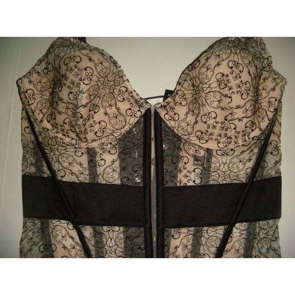 NWT Victoria's Secret 32B,32C CORSET+TEDDY+thong+BUSTIER EMBROIDERED Black Beige - Picture 5 of 15